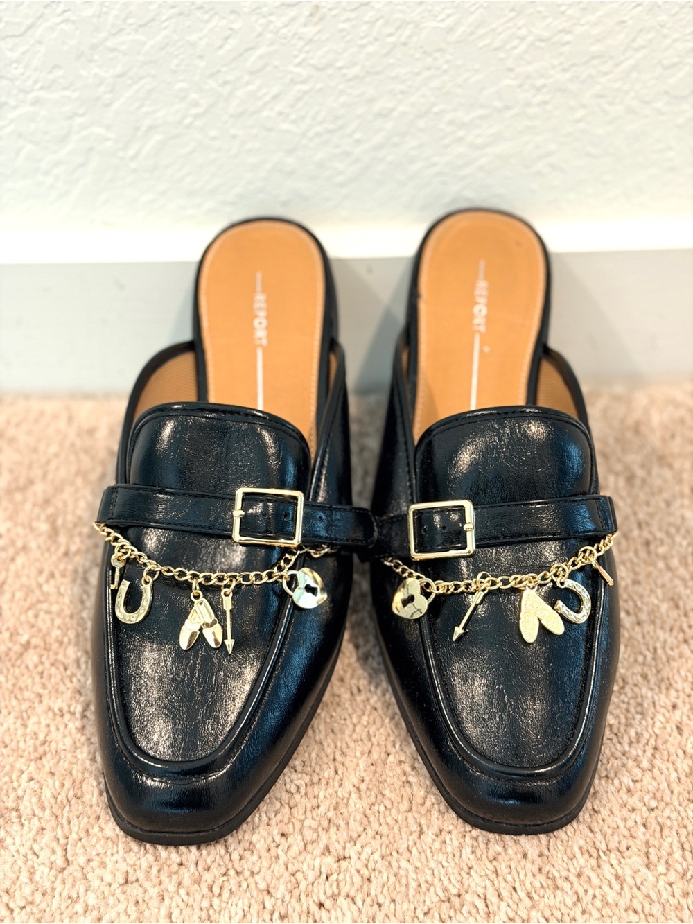 Report Black Leather Charm-Chain Mule Loafers with Gold Accents